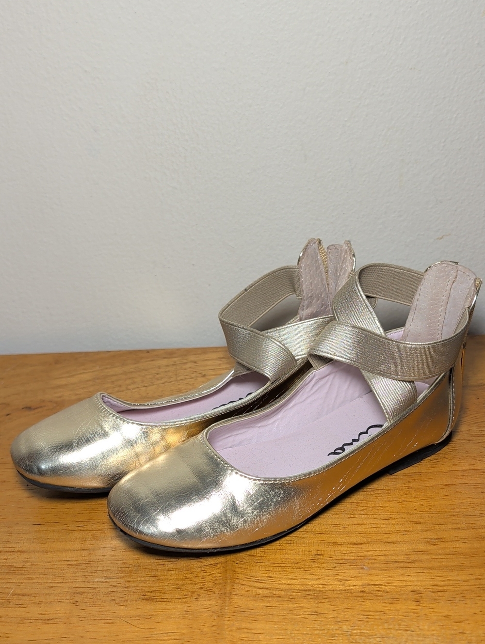 Nina Marissa Metallic Gold Ballet Flats with Elastic Cross-Strap Girls Size 13